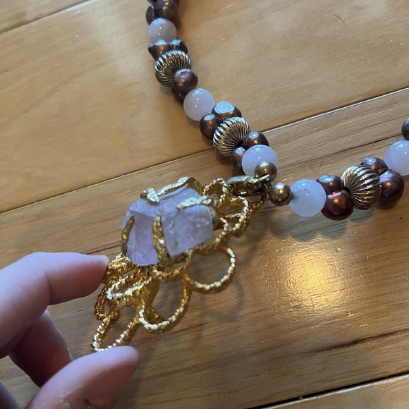 Raw Rose Quartz Necklace Pendant Pink Chunky Pearl Stones Gems Deco Vintage - Picture 2 of 5